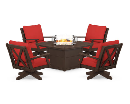 POLYWOOD® Braxton 5-Piece Deep Seating Swivel Conversation Set with Fire Pit Table in Mahogany / Crimson Linen