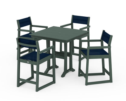 POLYWOOD® EDGE Sling Arm Chair 5-Piece Farmhouse Counter Set with Trestle Legs in Green / Navy Blue Sling