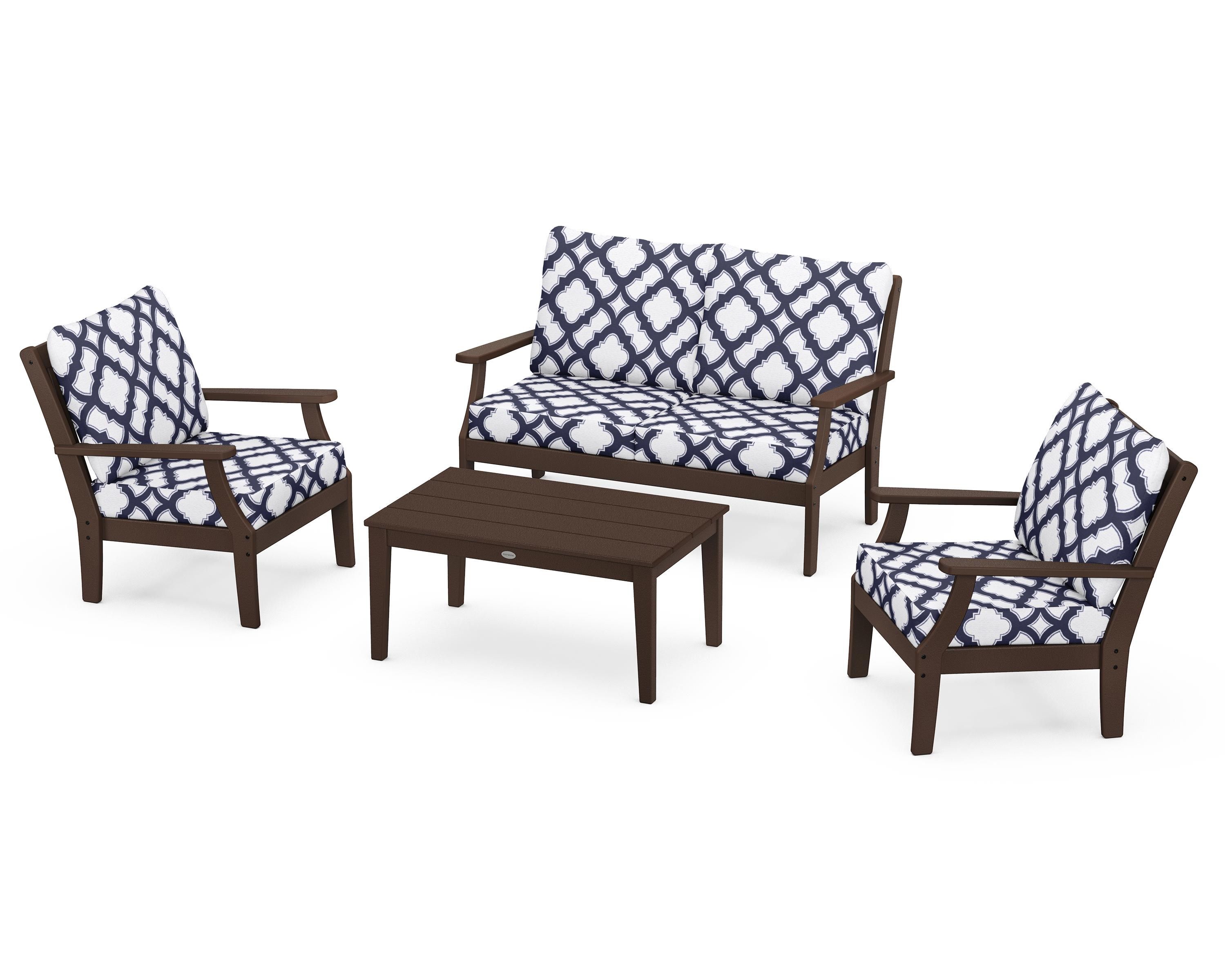 POLYWOOD® Braxton 4-Piece Deep Seating Chair Set in Mahogany / Trellis Navy
