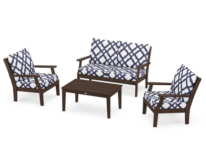 POLYWOOD® Braxton 4-Piece Deep Seating Chair Set in Mahogany / Trellis Navy