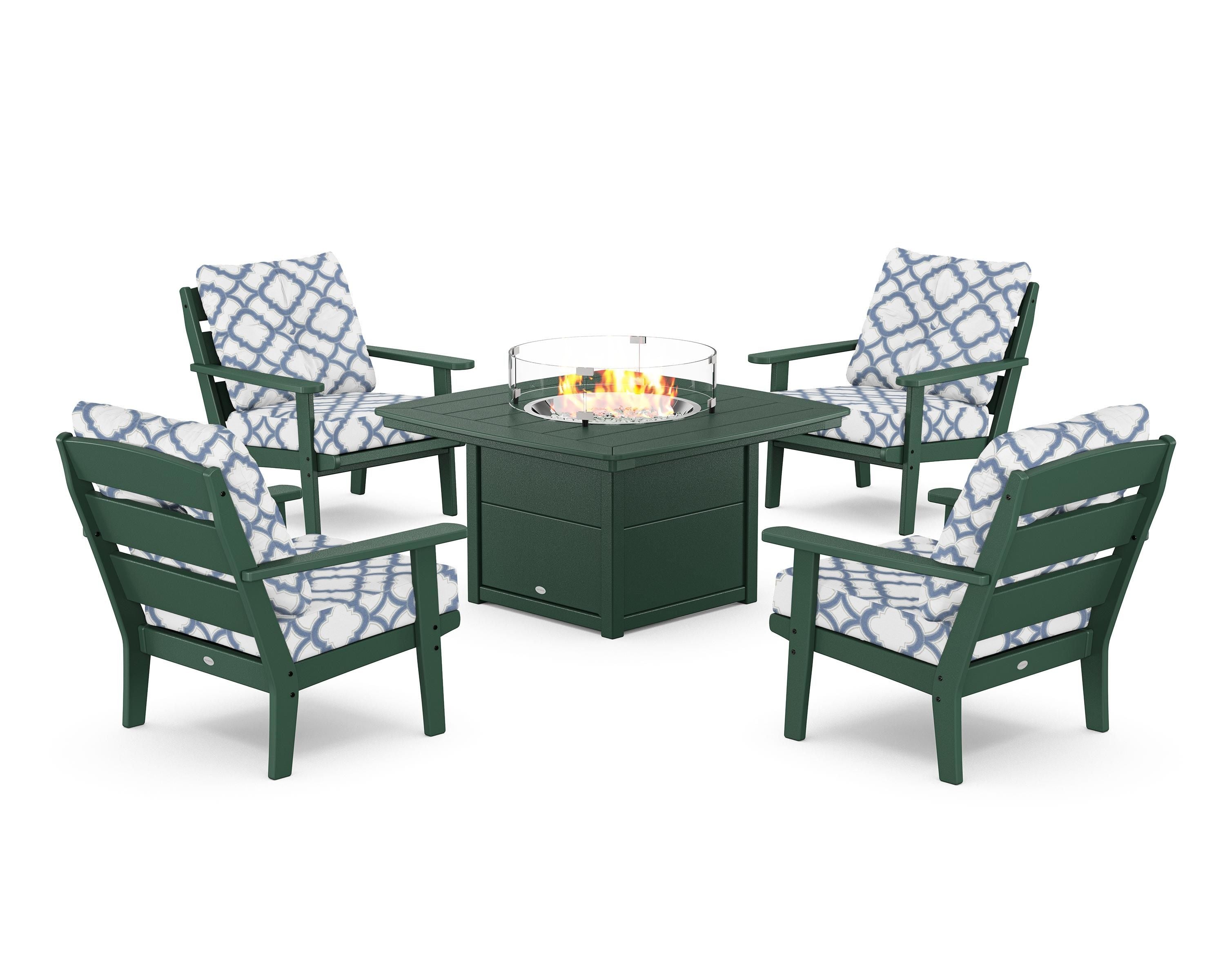 POLYWOOD® Lakeside 5-Piece Deep Seating Set with Nautical Fire Pit Table in Green / Trellis Sky Blue