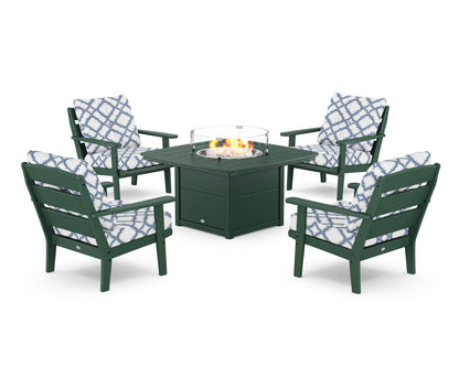 POLYWOOD® Lakeside 5-Piece Deep Seating Set with Nautical Fire Pit Table in Green / Trellis Sky Blue