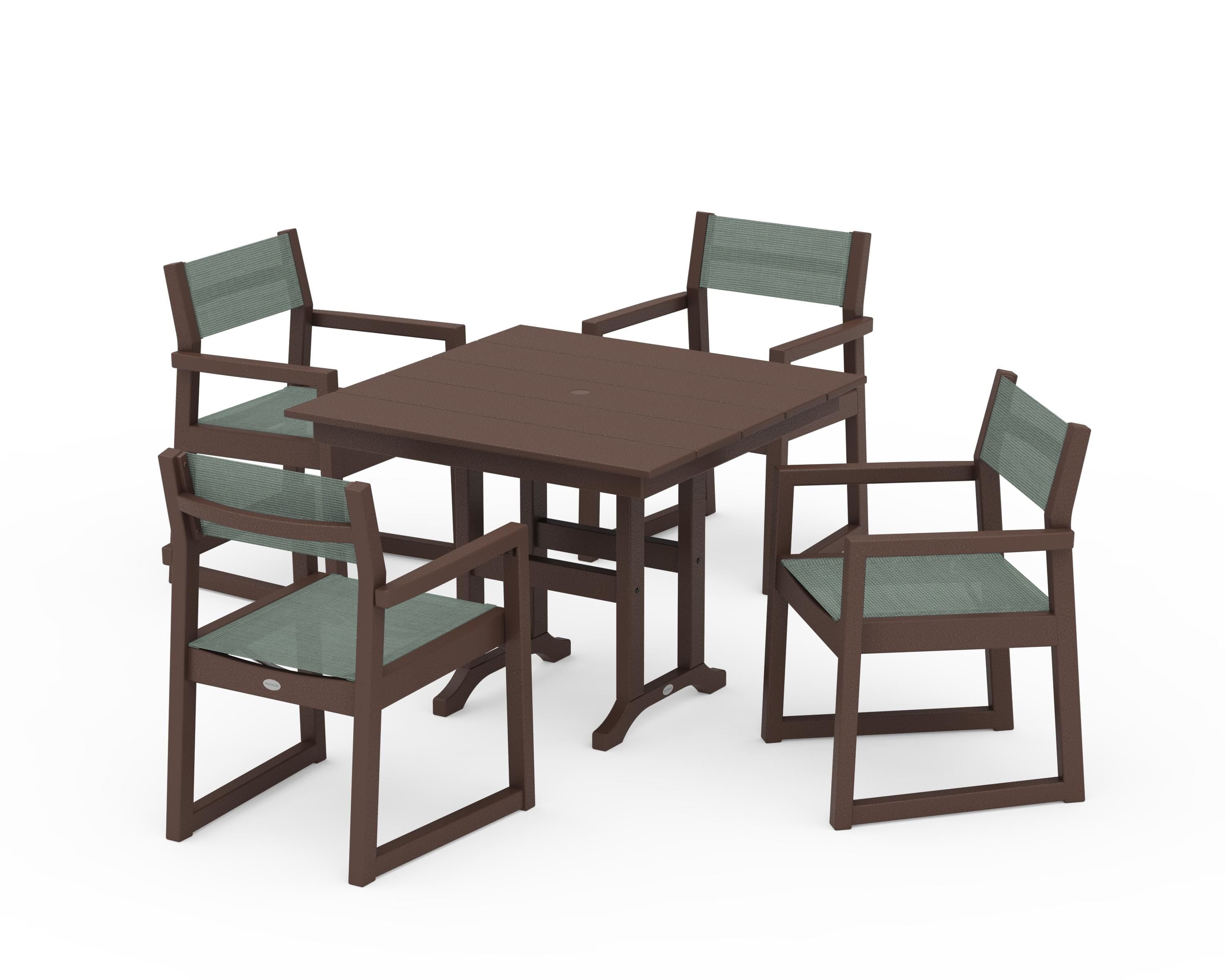 POLYWOOD® EDGE Sling Arm Chair 5-Piece Farmhouse Dining Set in Mahogany / Dupioni Sea Mist Sling