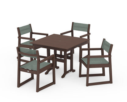 POLYWOOD® EDGE Sling Arm Chair 5-Piece Farmhouse Dining Set in Mahogany / Dupioni Sea Mist Sling