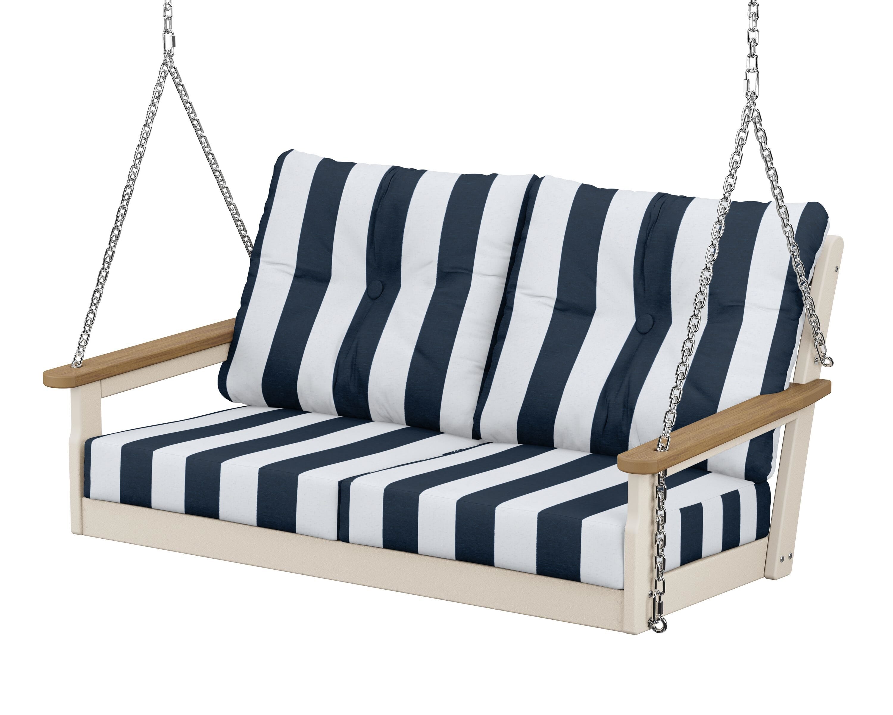 POLYWOOD® Vineyard Deep Seating Swing in Sand / Natural / Cabana Stripe Marine Indigo