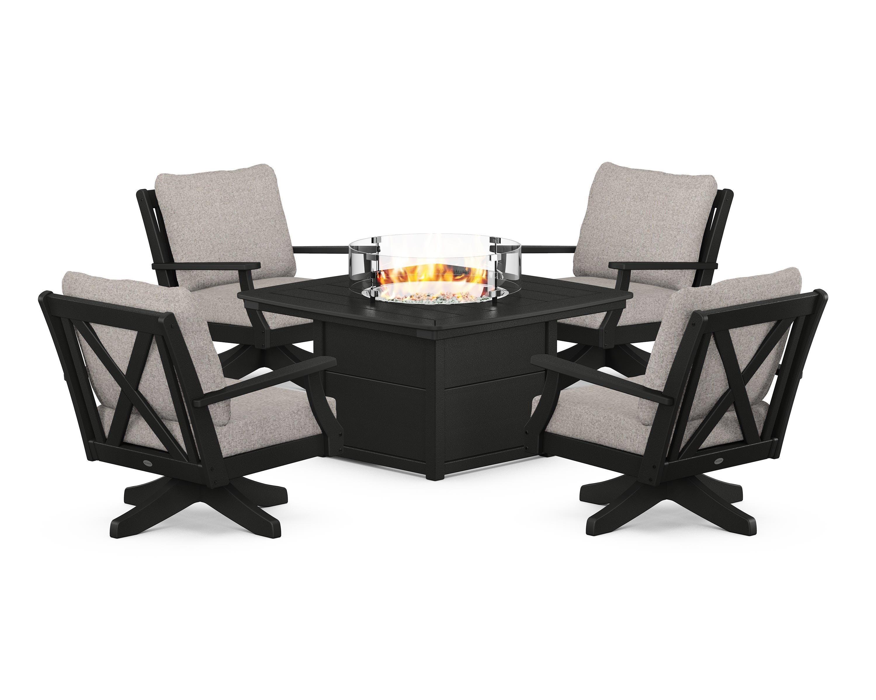 POLYWOOD® Braxton 5-Piece Deep Seating Swivel Conversation Set with Fire Pit Table in Black / Weathered Tweed