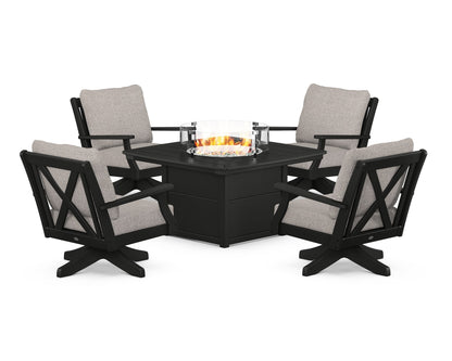 POLYWOOD® Braxton 5-Piece Deep Seating Swivel Conversation Set with Fire Pit Table in Black / Weathered Tweed