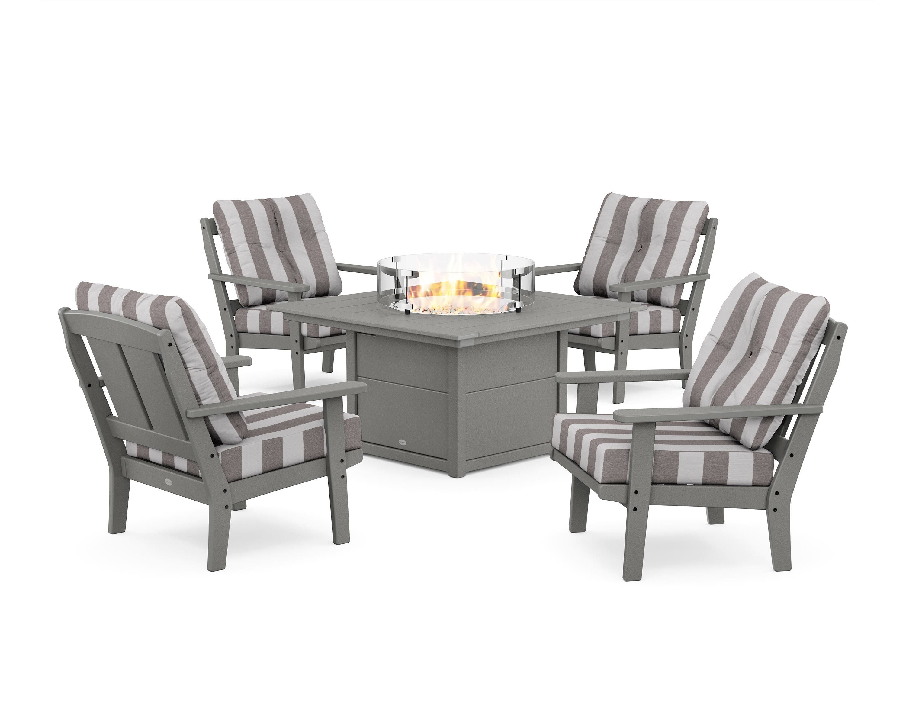 POLYWOOD® Mission 5-Piece Deep Seating Set with Fire Pit Table in Slate Grey / Cabana Stripe Grey Mist