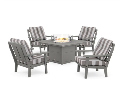 POLYWOOD® Mission 5-Piece Deep Seating Set with Fire Pit Table in Slate Grey / Cabana Stripe Grey Mist