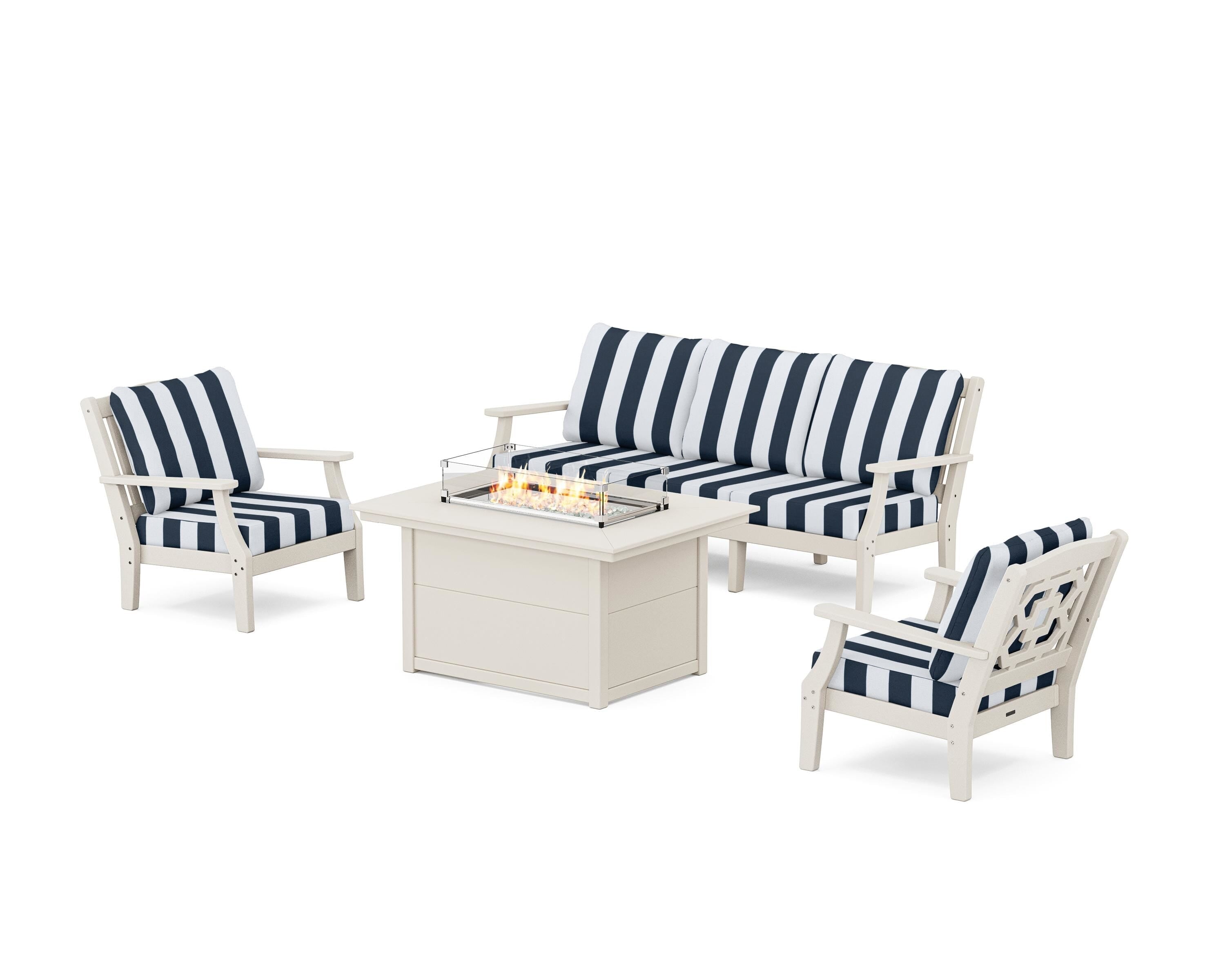Martha Stewart by POLYWOOD® Chinoiserie Deep Seating Fire Pit Table Set in Sand / Cabana Stripe Marine Indigo