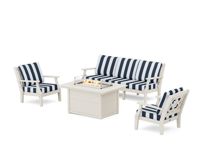 Martha Stewart by POLYWOOD® Chinoiserie Deep Seating Fire Pit Table Set in Sand / Cabana Stripe Marine Indigo