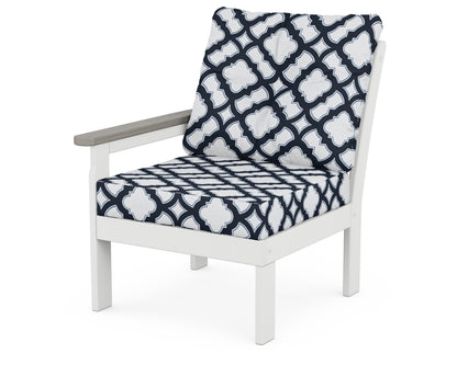 POLYWOOD® Vineyard Modular Left Arm Chair in White / Driftwood / Trellis Marine Indigo