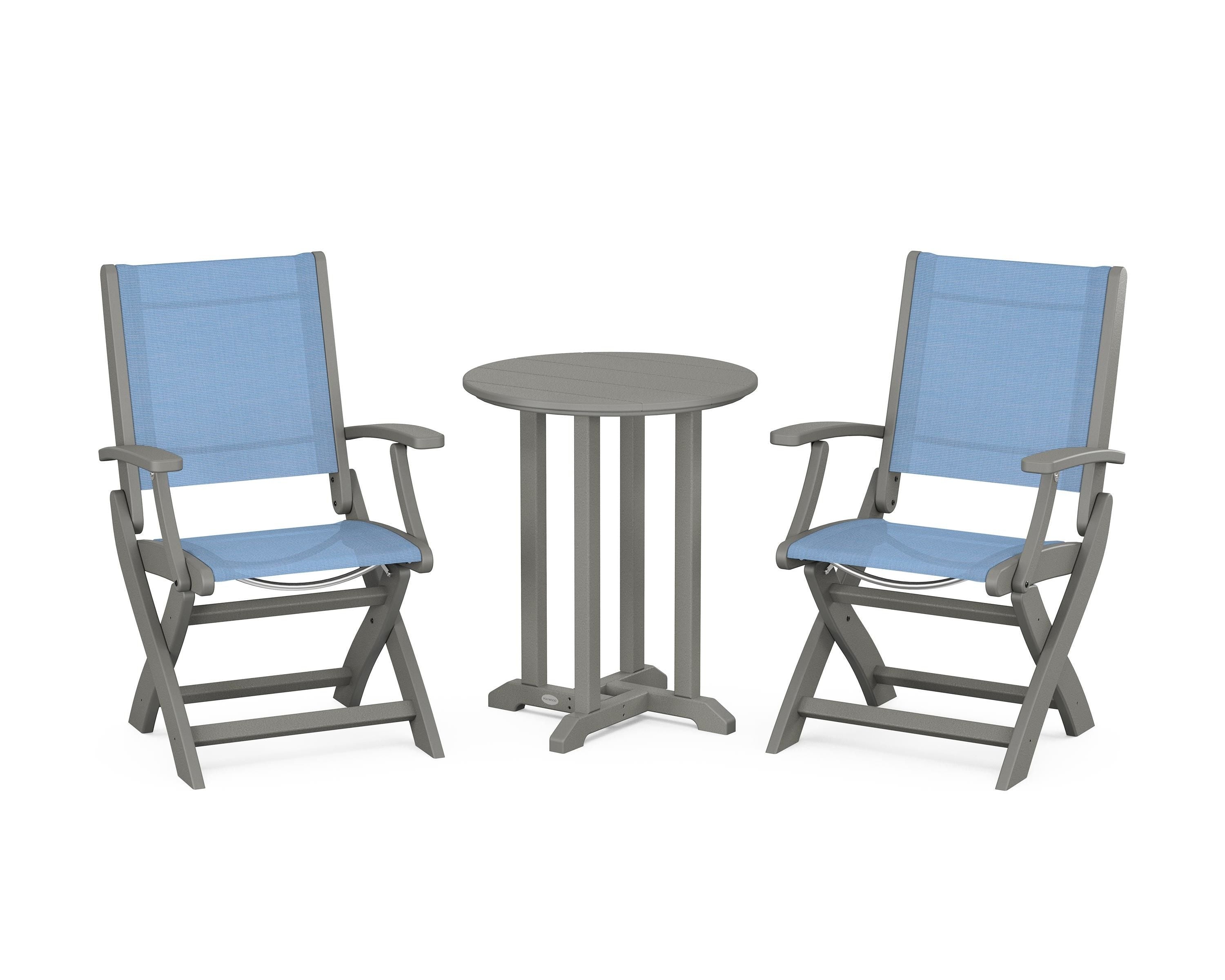 POLYWOOD® Coastal Folding 3-Piece Round Bistro Dining Set in Slate Grey / Poolside Sling