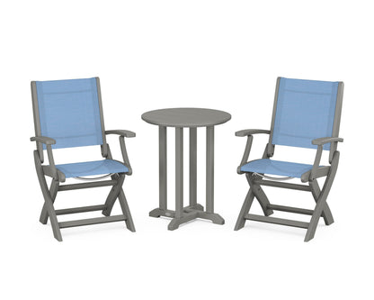 POLYWOOD® Coastal Folding 3-Piece Round Bistro Dining Set in Slate Grey / Poolside Sling