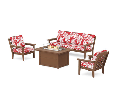 Country Living Cottage Deep Seating Fire Pit Table Set in Teak / Leaf Crimson