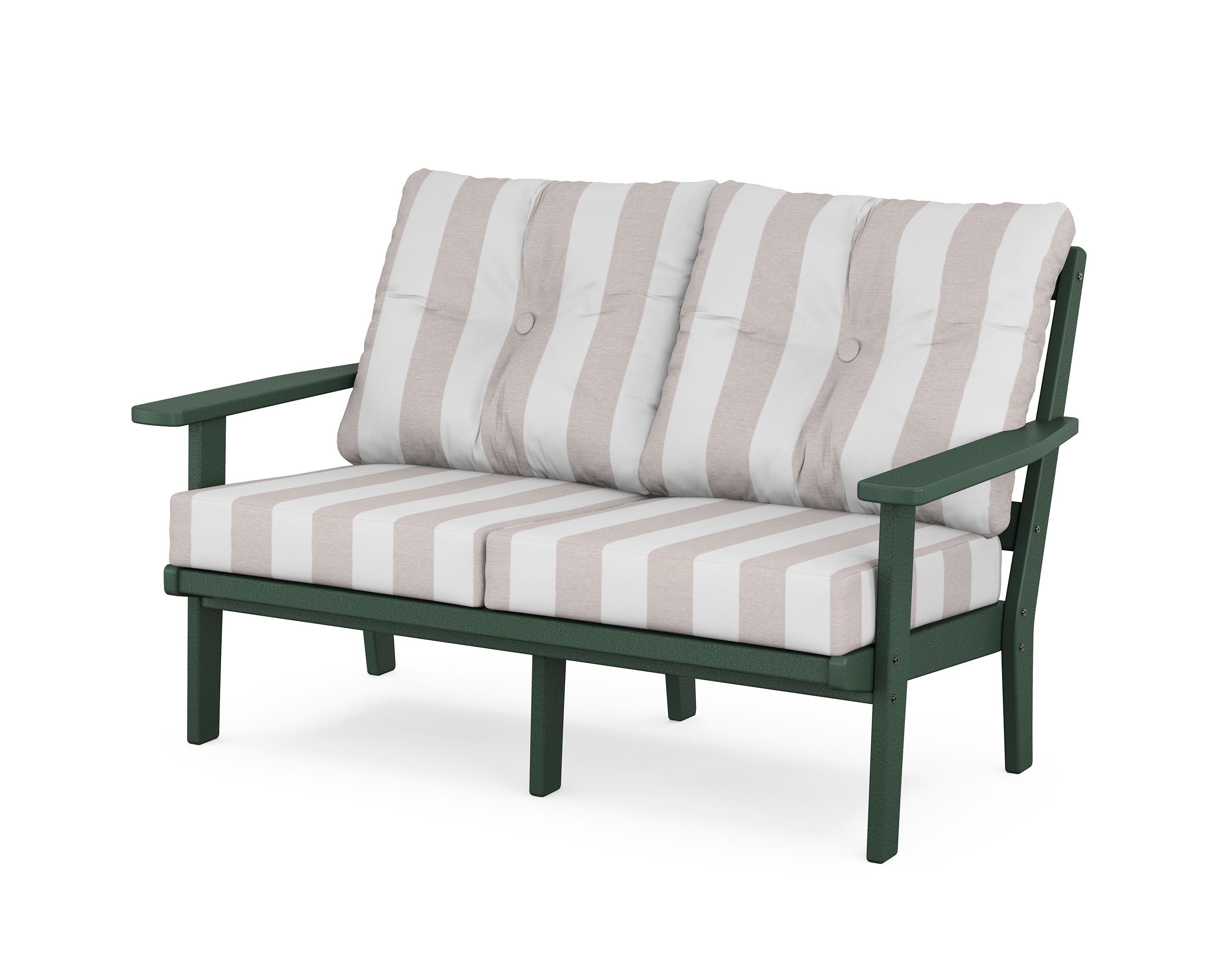 POLYWOOD® Prairie Deep Seating Loveseat in Green / Cabana Stripe Dune Burlap