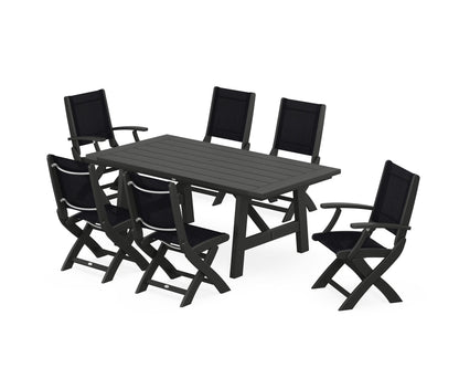 POLYWOOD® Coastal Folding Chair 7-Piece Rustic Farmhouse Dining Set in Black / Black Sling