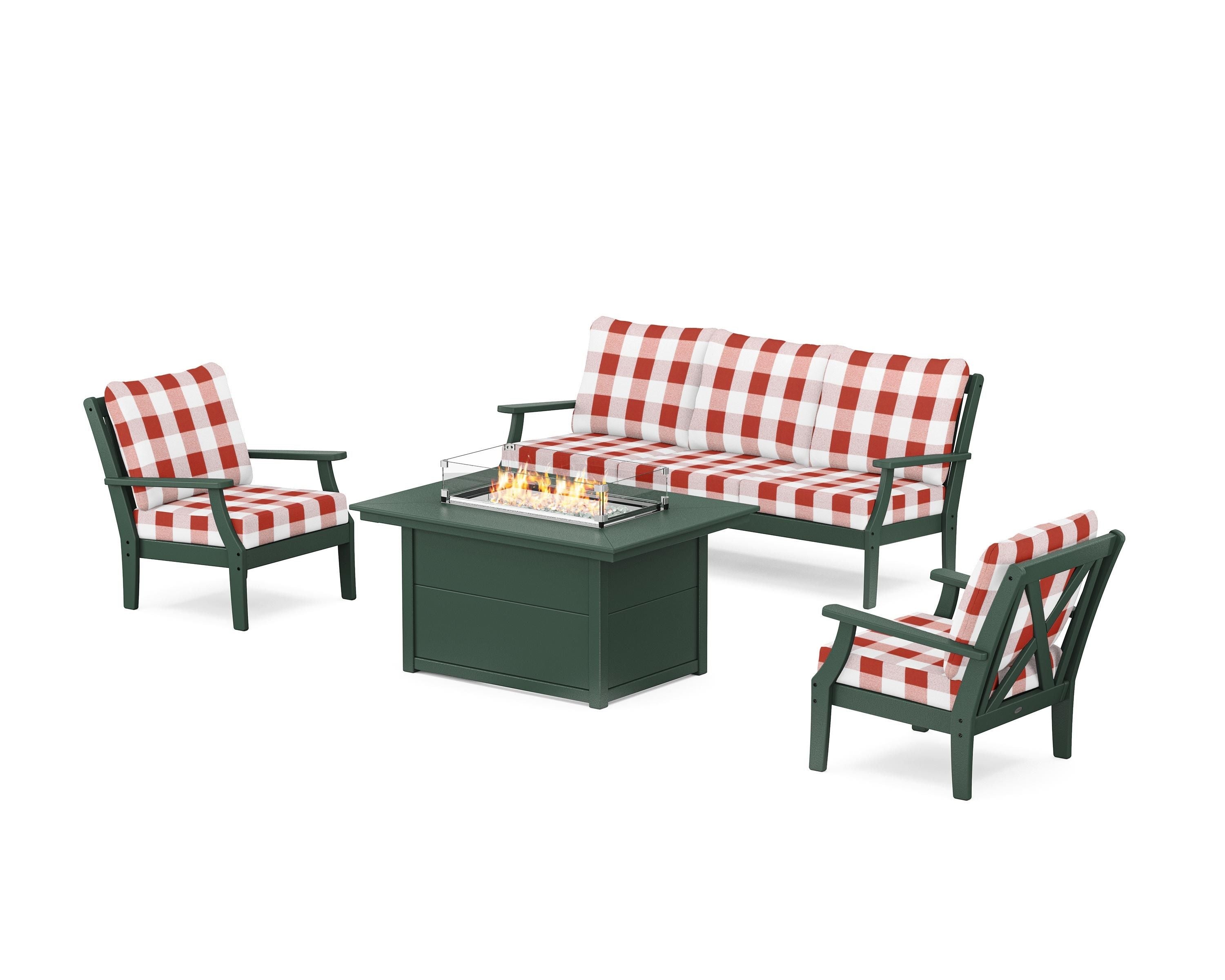 POLYWOOD® Braxton Deep Seating Fire Pit Table Set in Green / Buffalo Plaid Crimson