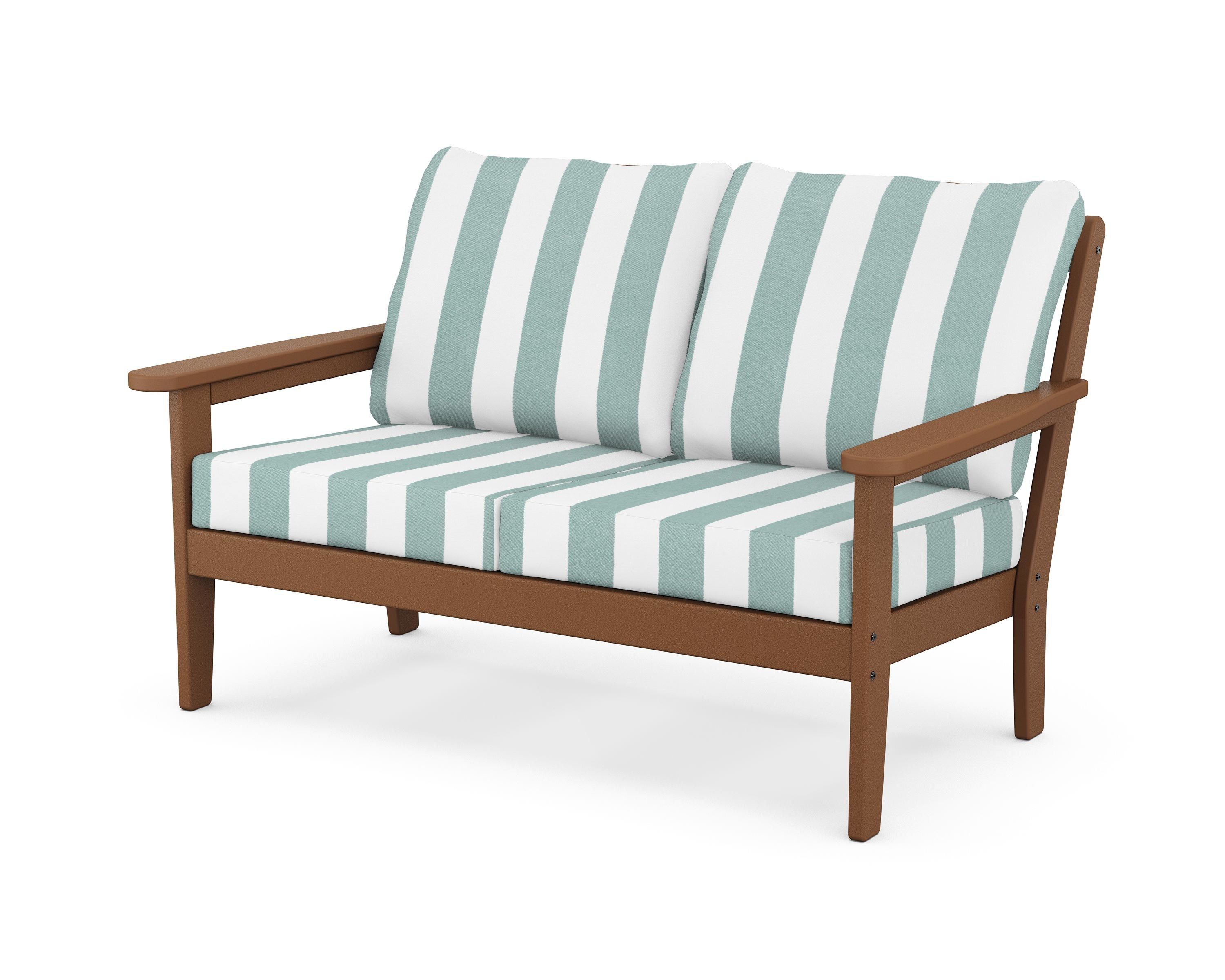 Country Living Cottage Deep Seating Loveseat in Teak / Cabana Stripe Glacier Spa
