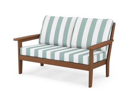 Country Living Cottage Deep Seating Loveseat in Teak / Cabana Stripe Glacier Spa