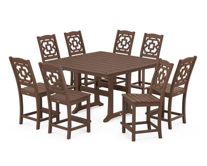 Martha Stewart by POLYWOOD® Chinoiserie 9-Piece Square Side Chair Counter Set with Trestle Legs in Mahogany