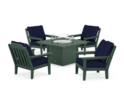 Country Living Cottage 5-Piece Deep Seating Set with Fire Pit Table in Green / Navy