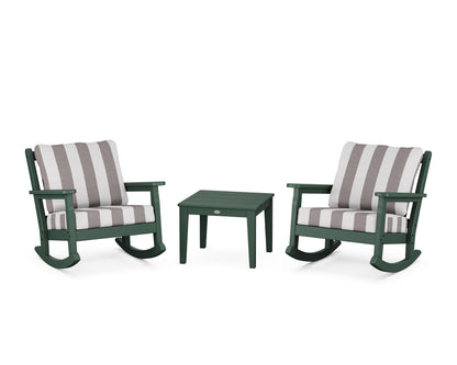 POLYWOOD® Chippendale 3-Piece Deep Seating Rocker Set in Green / Cabana Stripe Grey Mist
