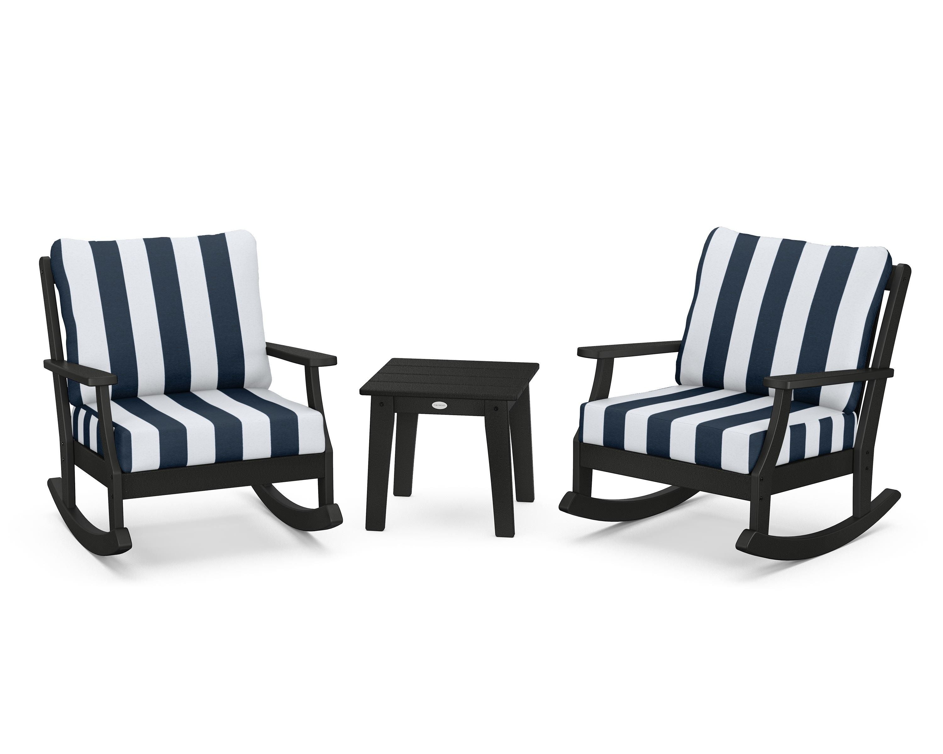 POLYWOOD® Braxton 3-Piece Deep Seating Rocker Set in Black / Cabana Stripe Marine Indigo