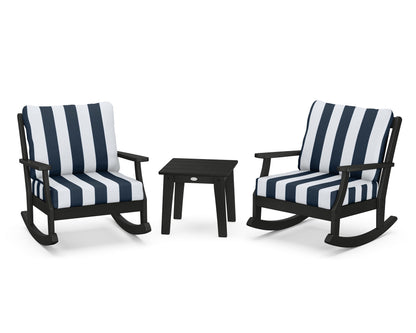 POLYWOOD® Braxton 3-Piece Deep Seating Rocker Set in Black / Cabana Stripe Marine Indigo