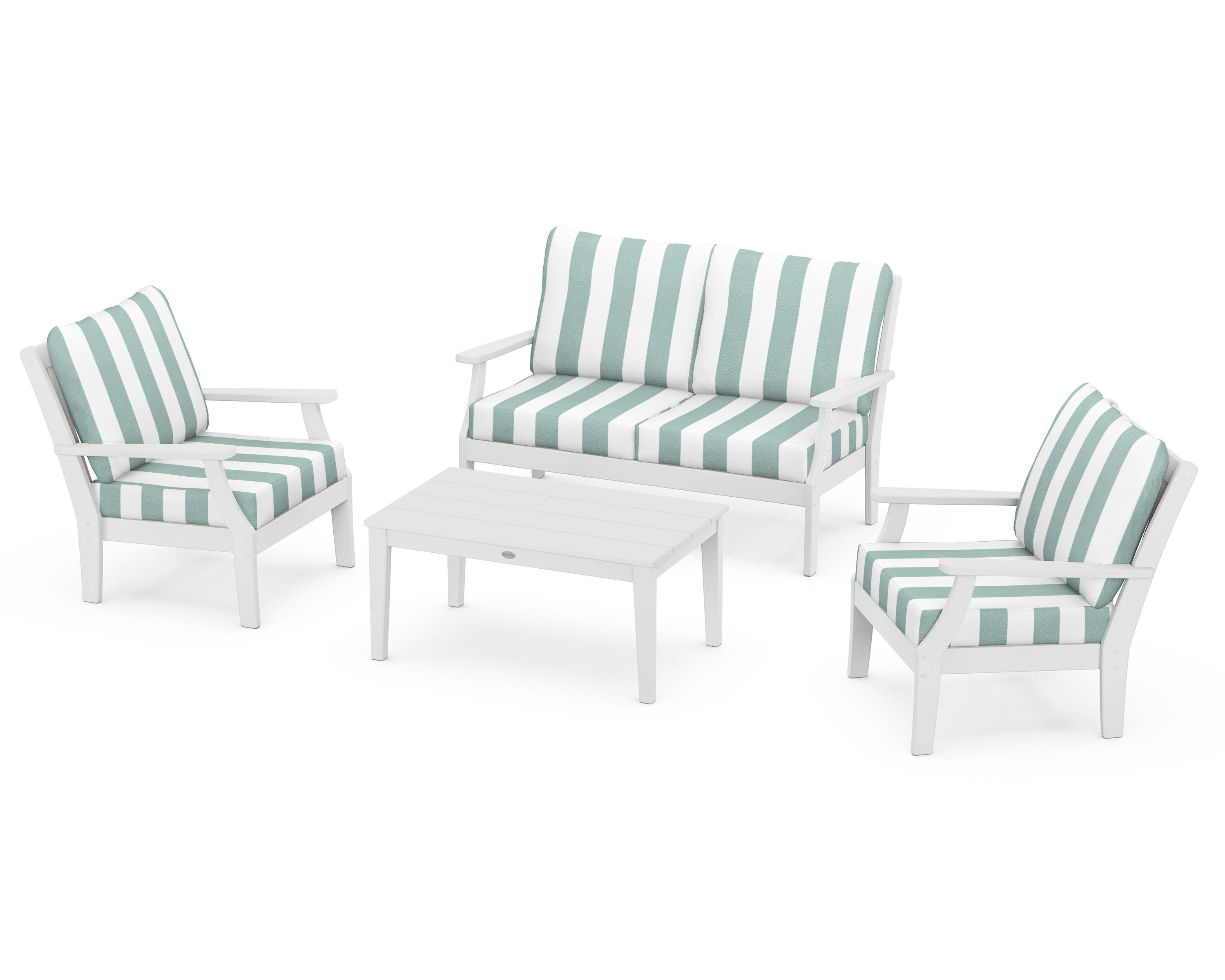 POLYWOOD® Braxton 4-Piece Deep Seating Chair Set in White / Cabana Stripe Glacier Spa