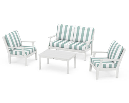 POLYWOOD® Braxton 4-Piece Deep Seating Chair Set in White / Cabana Stripe Glacier Spa