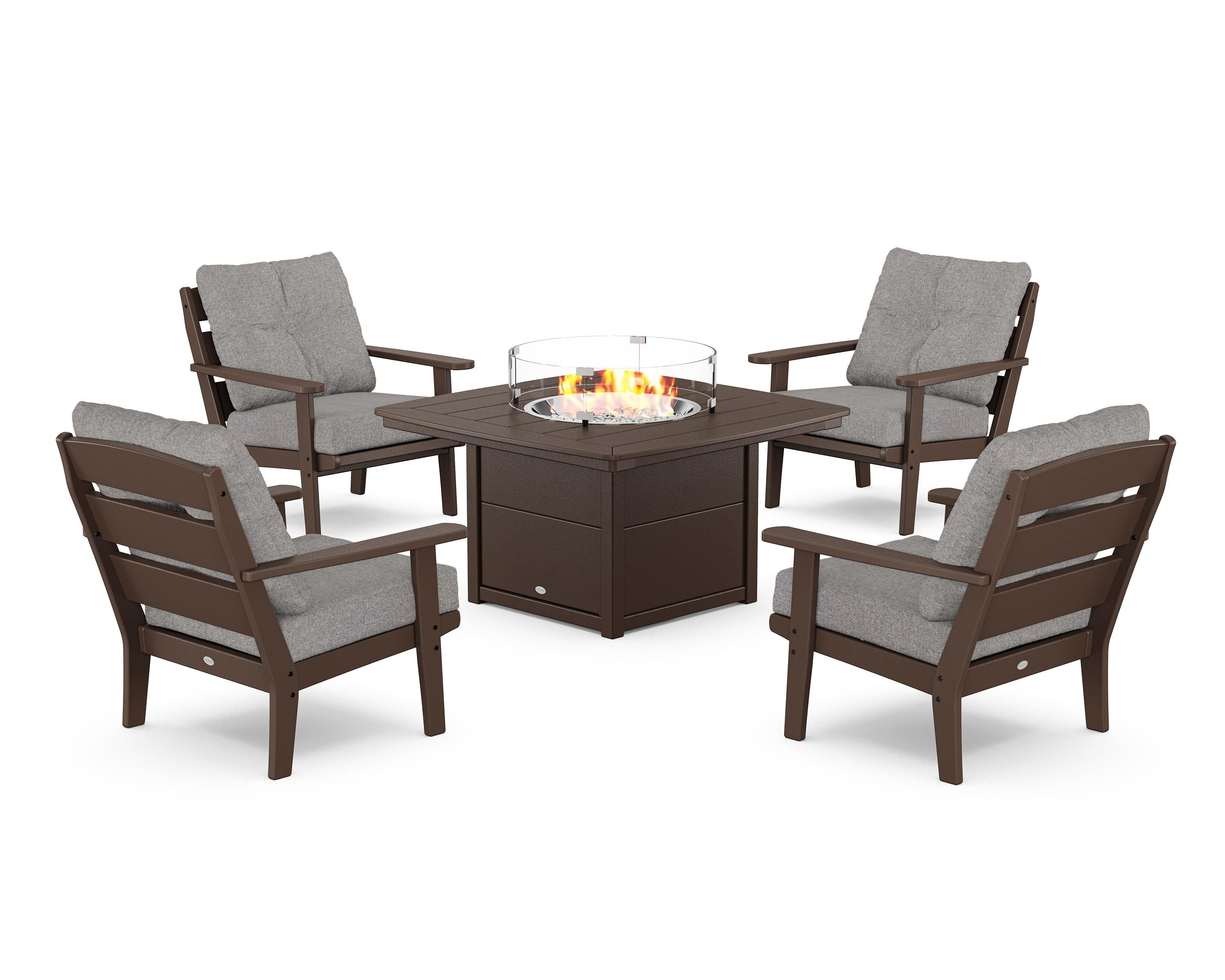 POLYWOOD® Lakeside 5-Piece Deep Seating Set with Nautical Fire Pit Table in Mahogany / Grey Mist