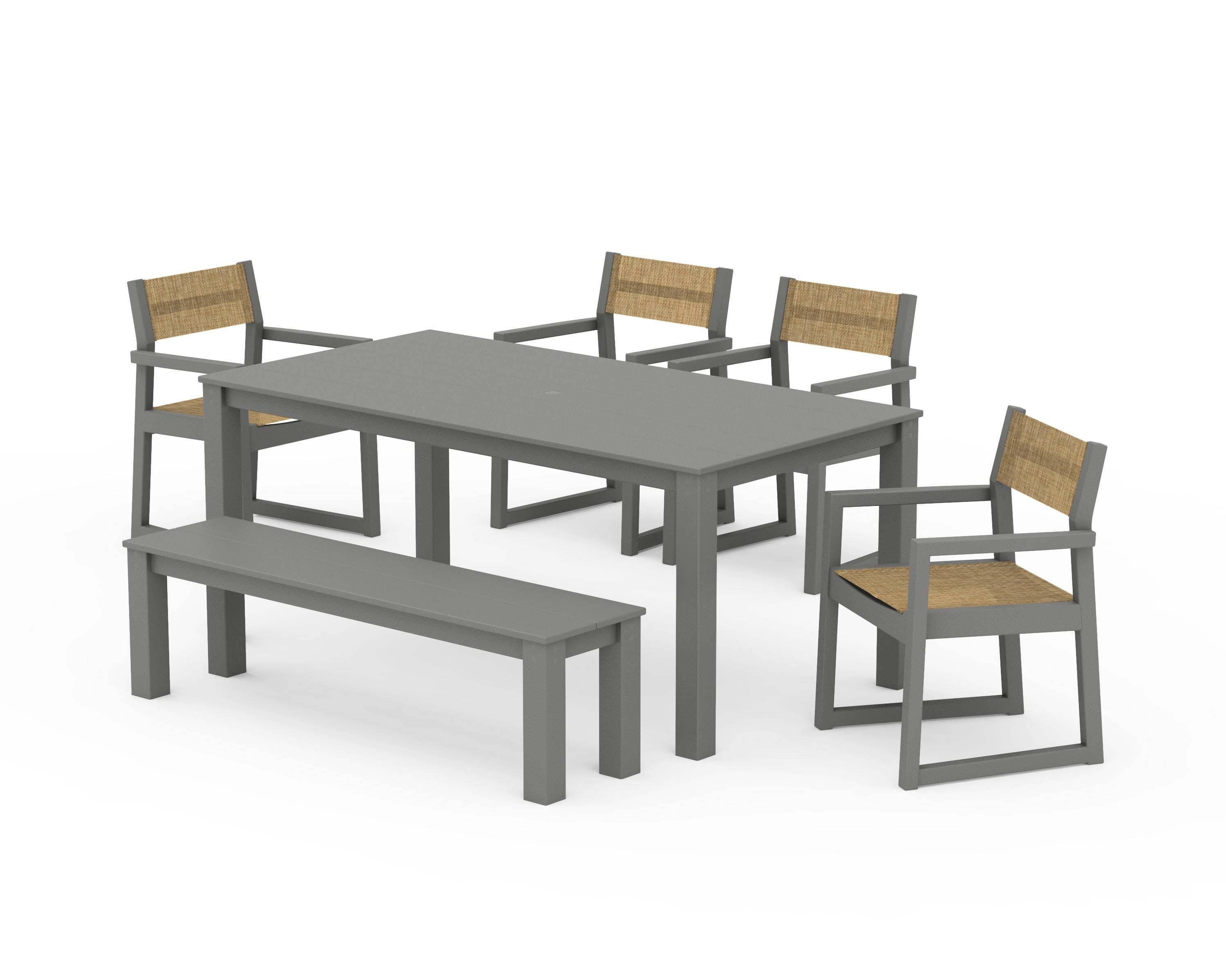 POLYWOOD® EDGE Sling Arm Chair 6-Piece Parsons Dining Set with Bench in Slate Grey / Burlap Sling