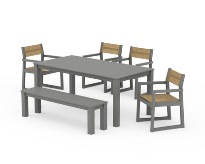 POLYWOOD® EDGE Sling Arm Chair 6-Piece Parsons Dining Set with Bench in Slate Grey / Burlap Sling