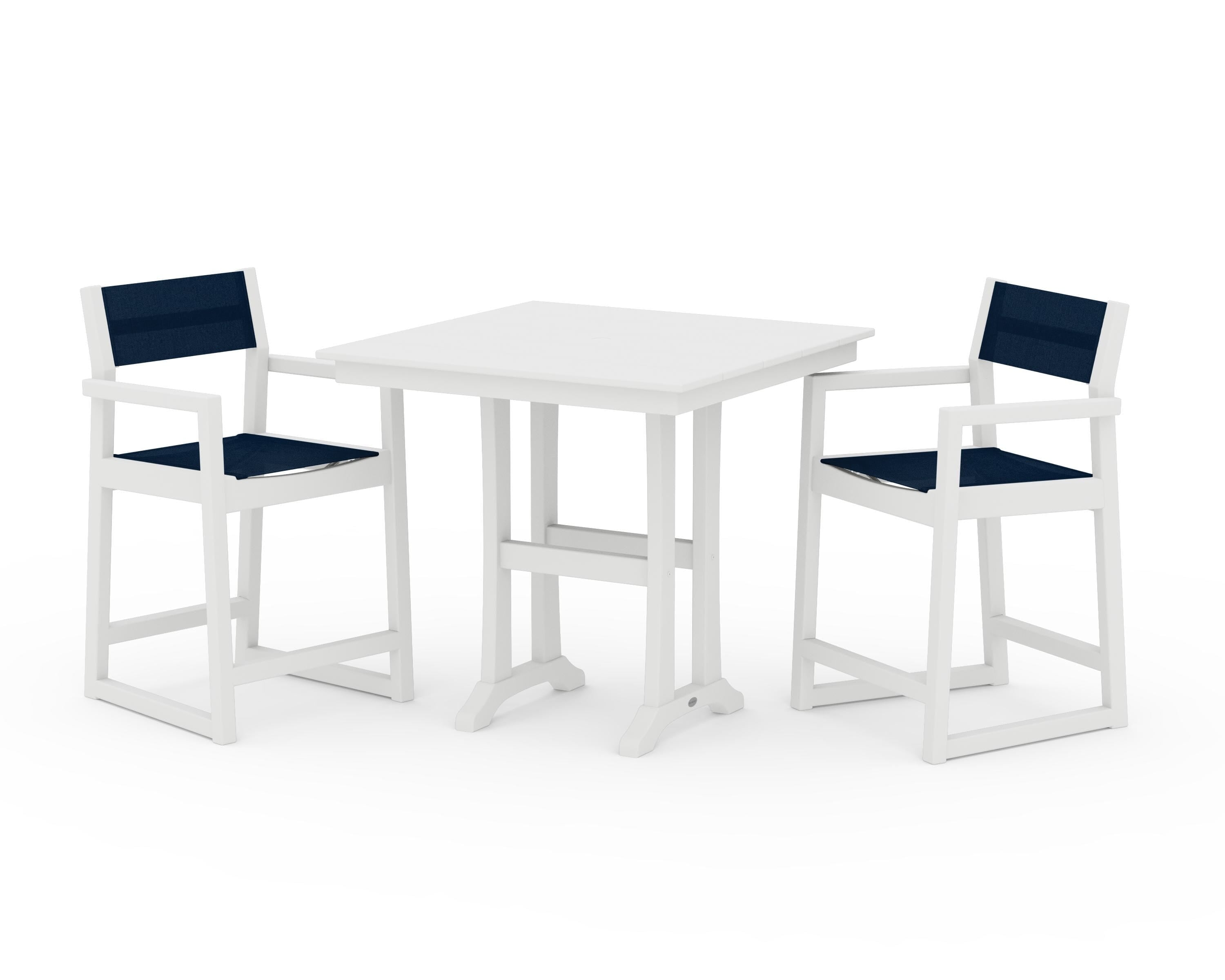 POLYWOOD® EDGE Sling Arm Chair 3-Piece Farmhouse Counter Set with Trestle Legs in White / Navy Blue Sling