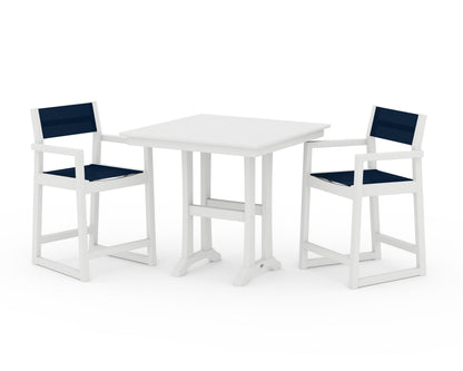 POLYWOOD® EDGE Sling Arm Chair 3-Piece Farmhouse Counter Set with Trestle Legs in White / Navy Blue Sling
