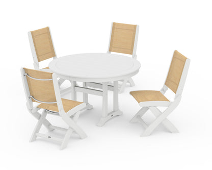 POLYWOOD® Coastal Folding Side Chair 5-Piece Round Dining Set With Trestle Legs in White / Dupioni Apricot Sling