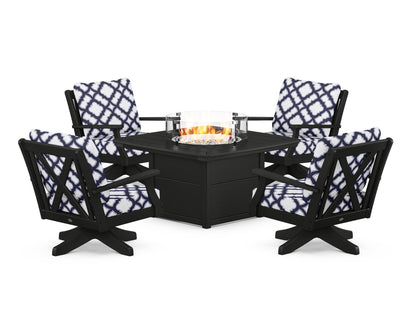 POLYWOOD® Braxton 5-Piece Deep Seating Swivel Conversation Set with Fire Pit Table in Black / Trellis Navy