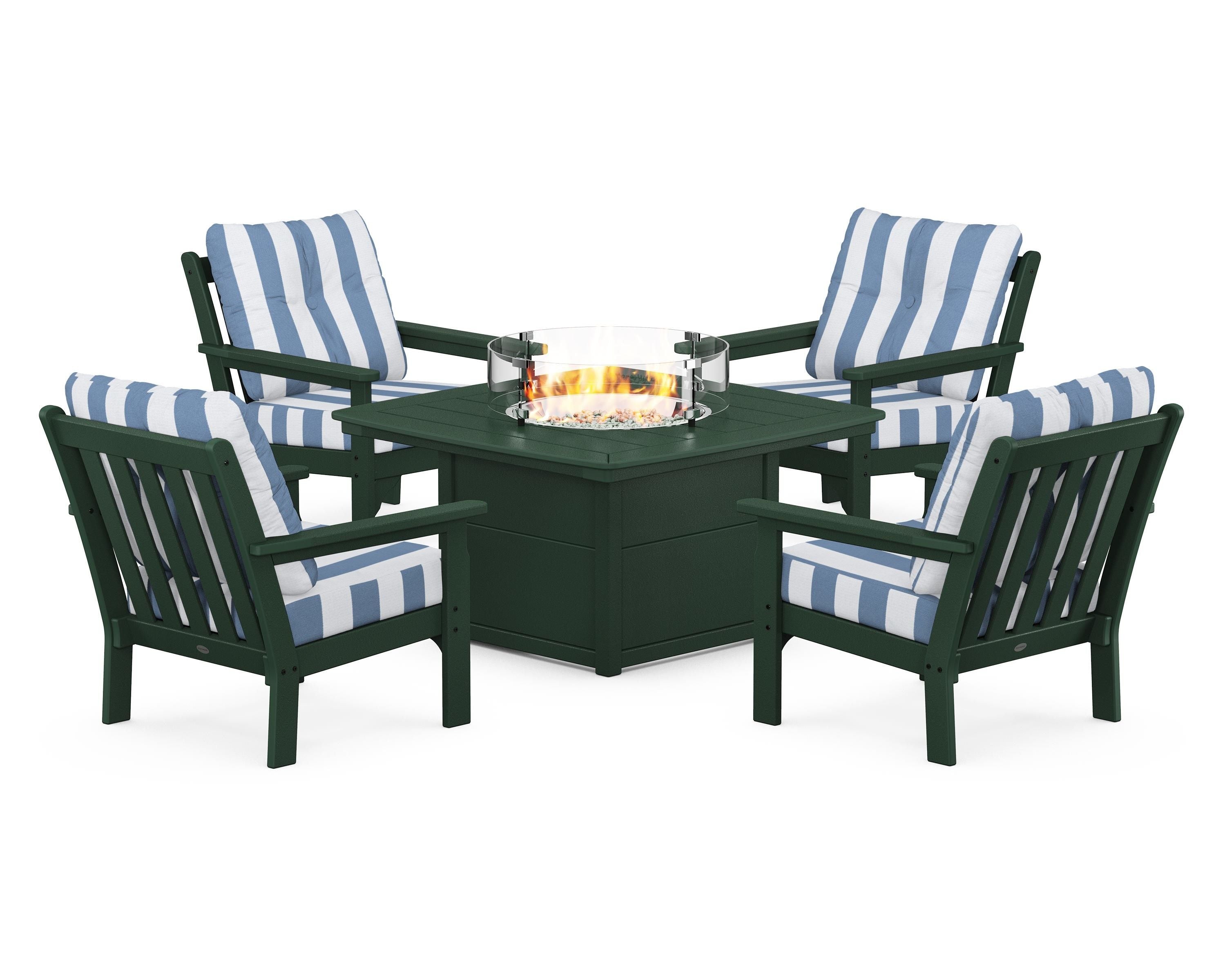 POLYWOOD® Vineyard 5-Piece Conversation Set with Fire Pit Table in Green / Cabana Stripe Sky Blue