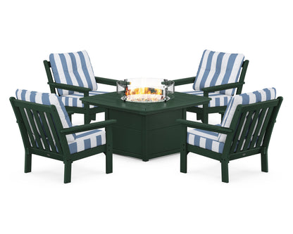 POLYWOOD® Vineyard 5-Piece Conversation Set with Fire Pit Table in Green / Cabana Stripe Sky Blue