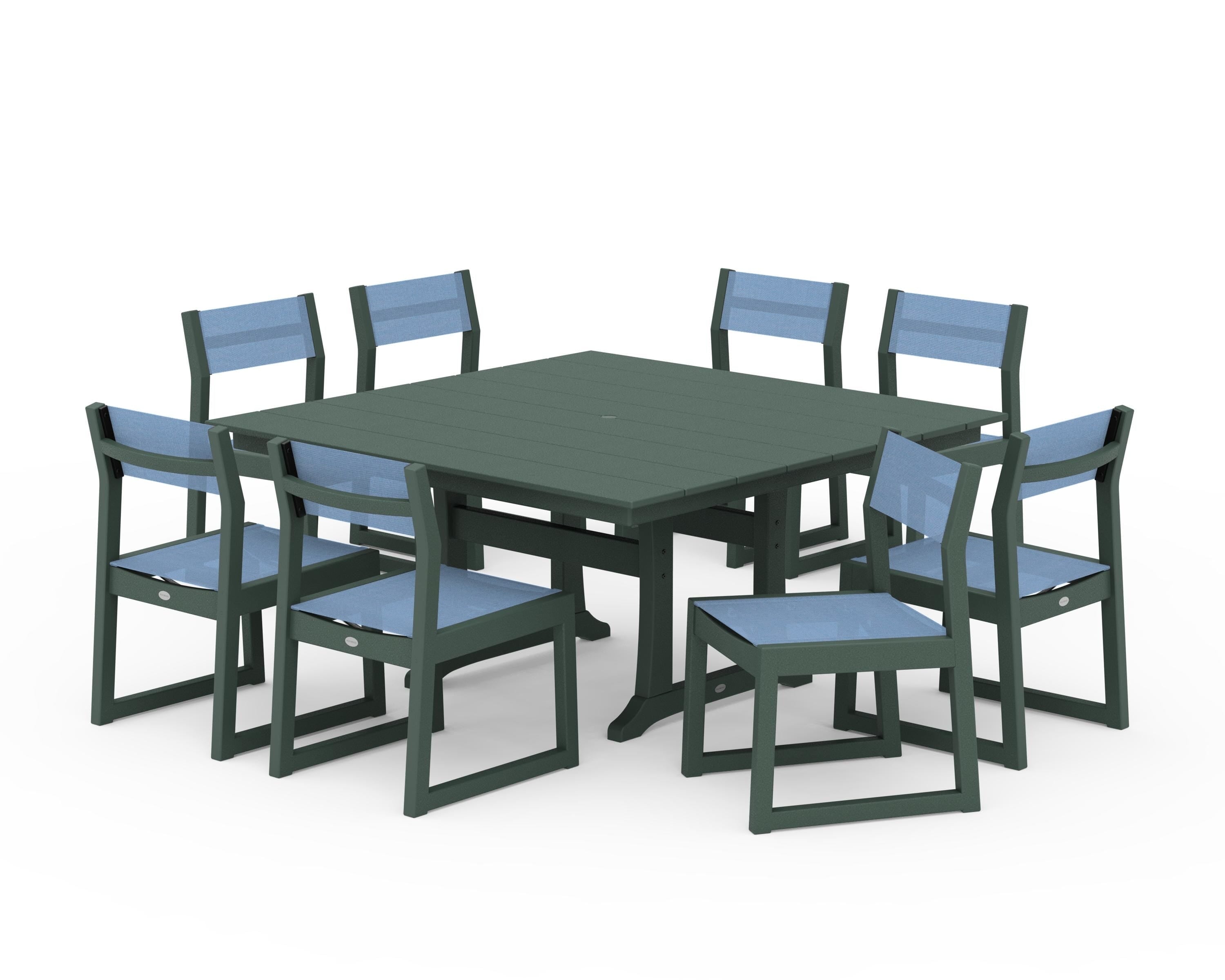 POLYWOOD® EDGE Sling Side Chair 9-Piece Farmhouse Trestle Dining Set in Green / Poolside Sling