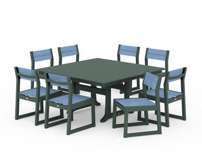 POLYWOOD® EDGE Sling Side Chair 9-Piece Farmhouse Trestle Dining Set in Green / Poolside Sling