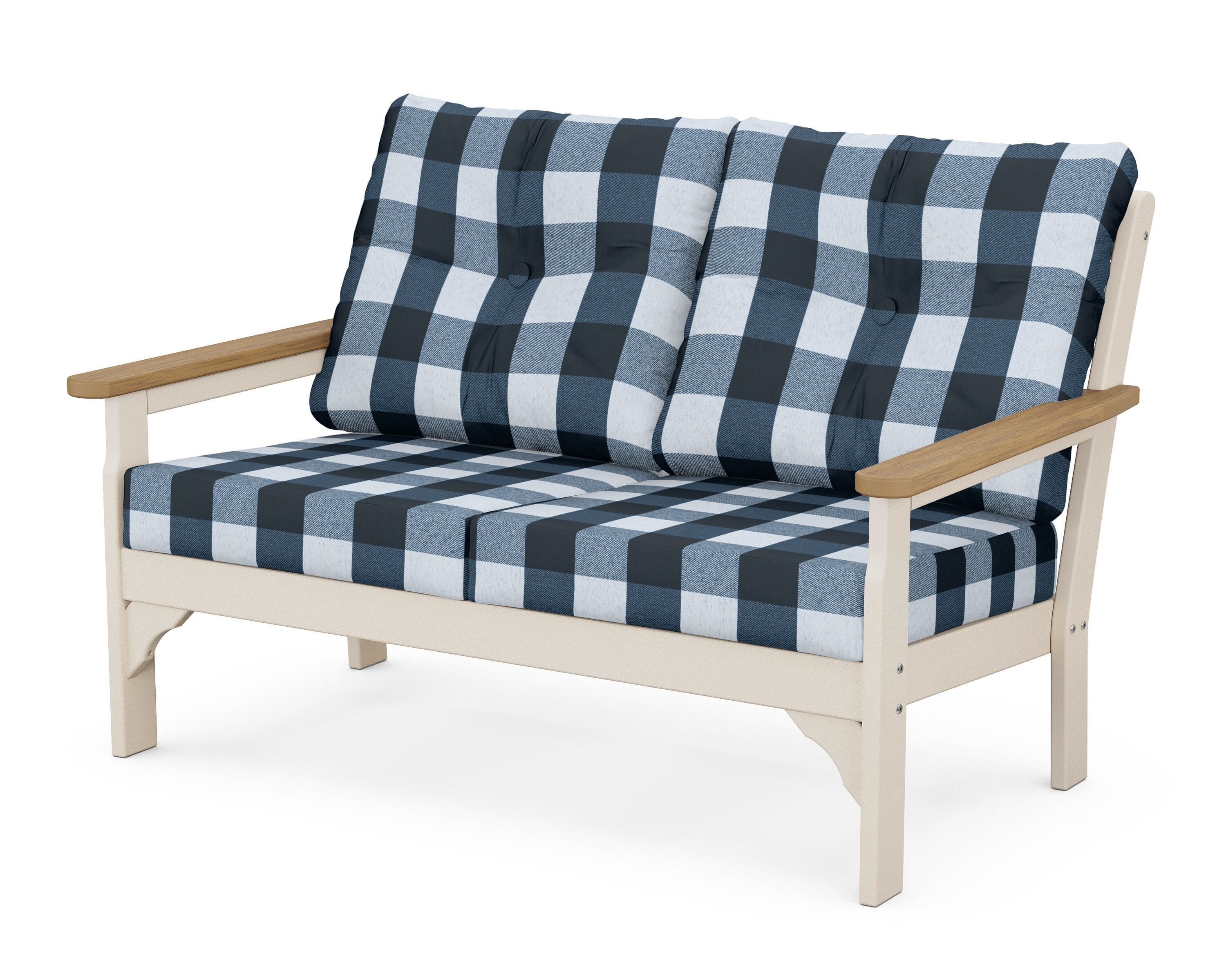 POLYWOOD® Vineyard Deep Seating Loveseat in Sand / Natural / Buffalo Plaid Marine Indigo