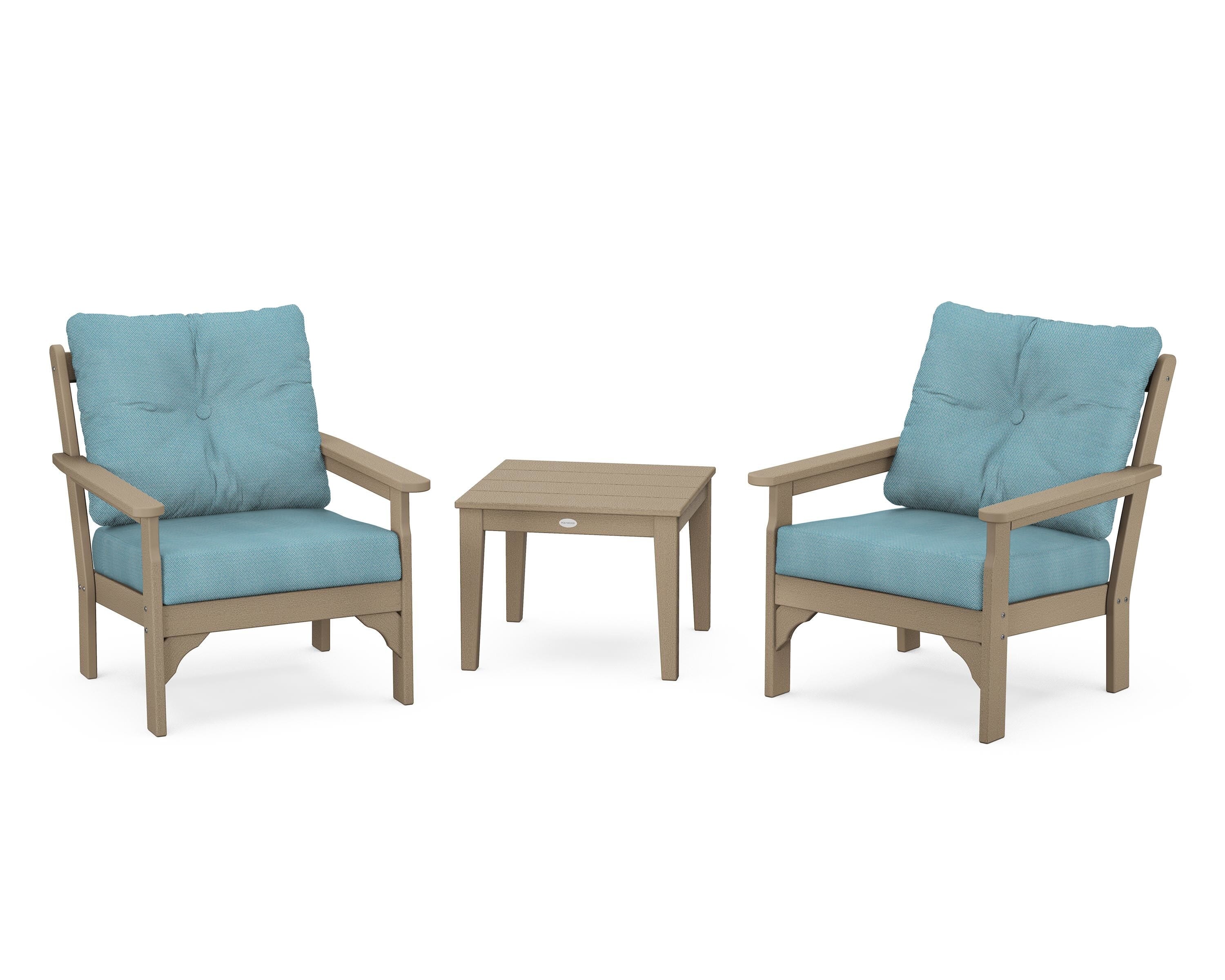 POLYWOOD® Vineyard 3-Piece Deep Seating Set in Vintage Sahara / Lattice Sky Blue