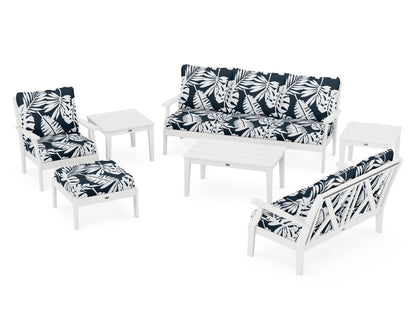 POLYWOOD® Braxton 7-Piece Deep Seating Set in White / Leaf Marine Indigo