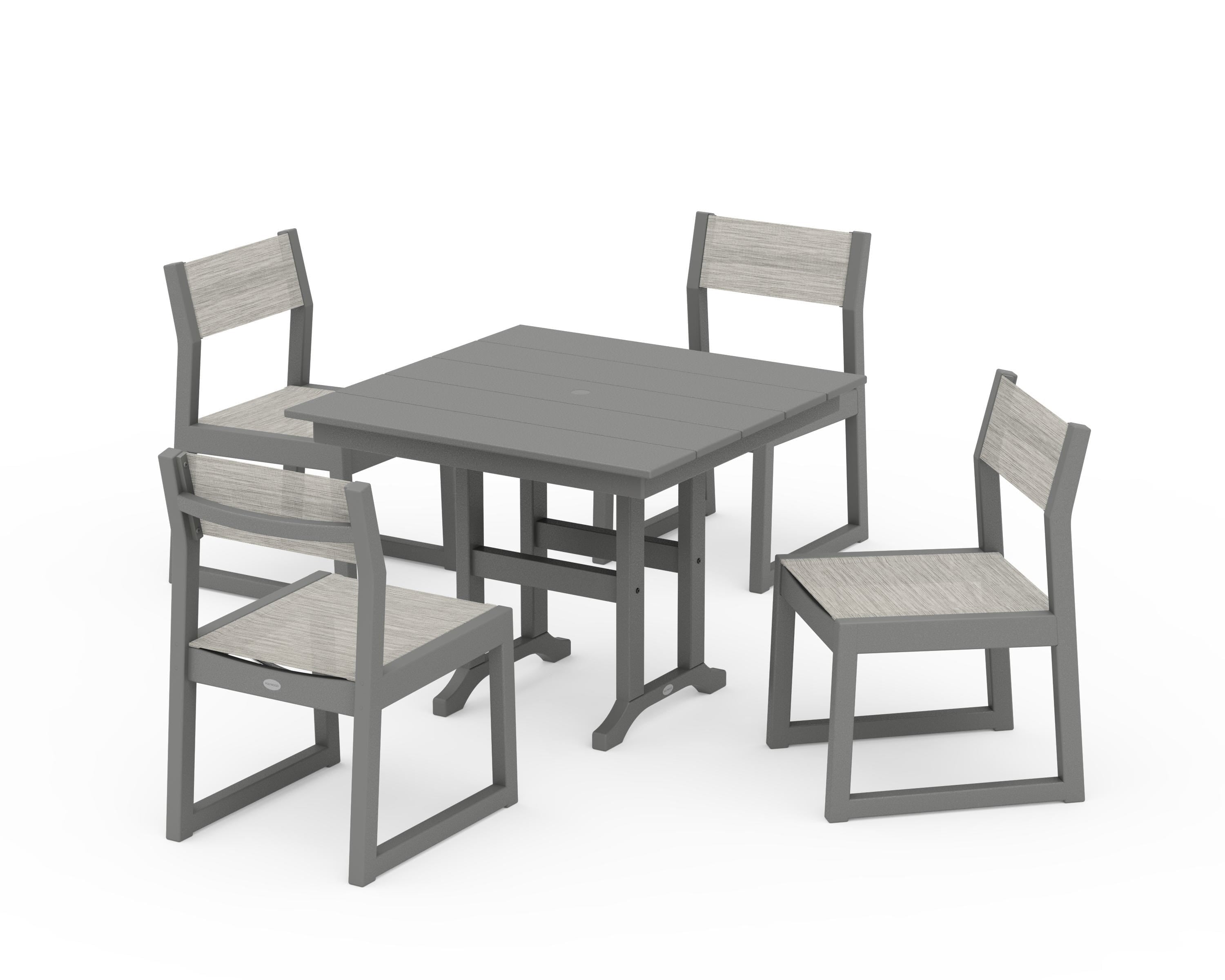 POLYWOOD® EDGE Sling Side Chair 5-Piece Farmhouse Dining Set in Slate Grey / Birch Sling