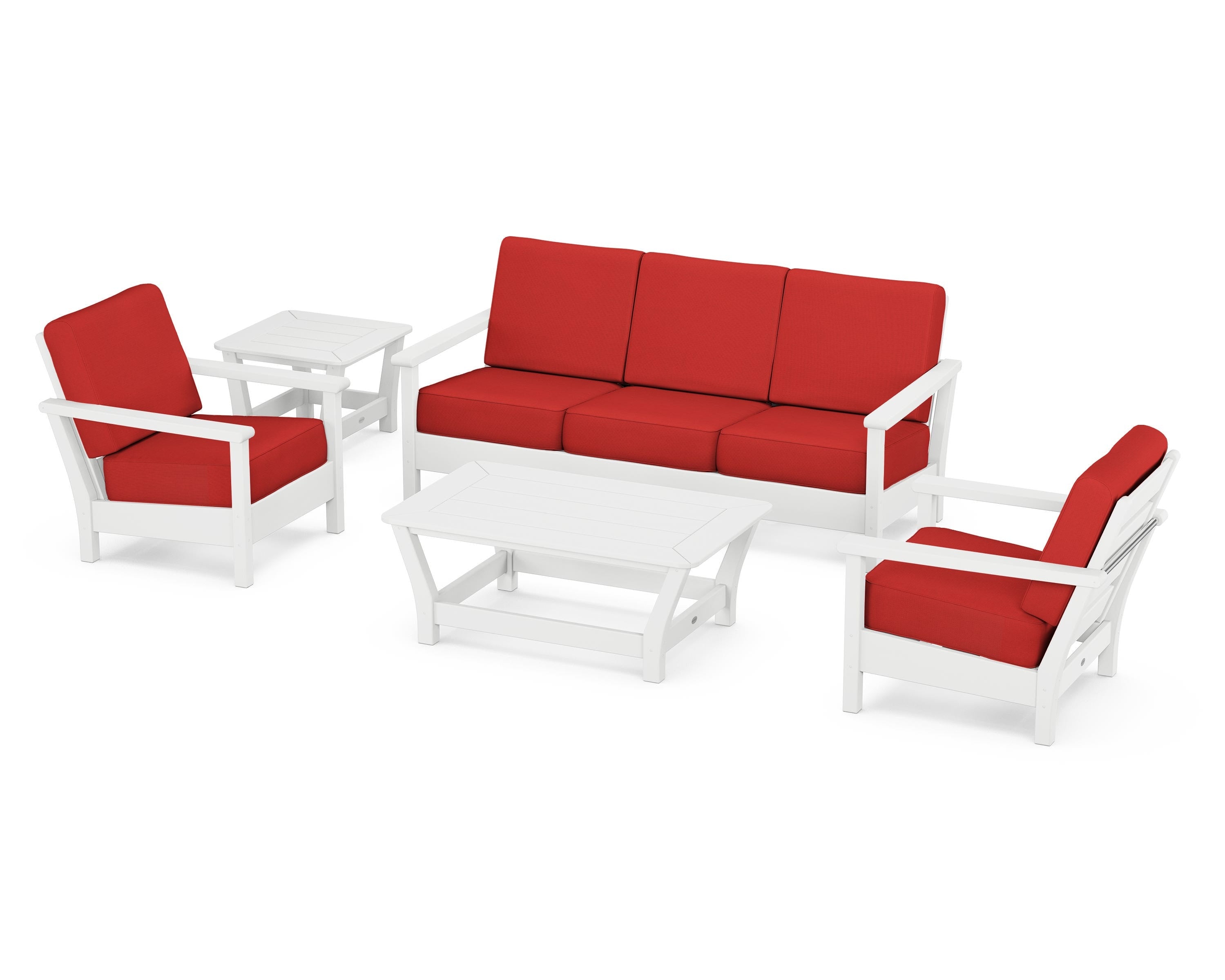 POLYWOOD® Harbour 5-Piece Deep Seating Set in White / Crimson Linen
