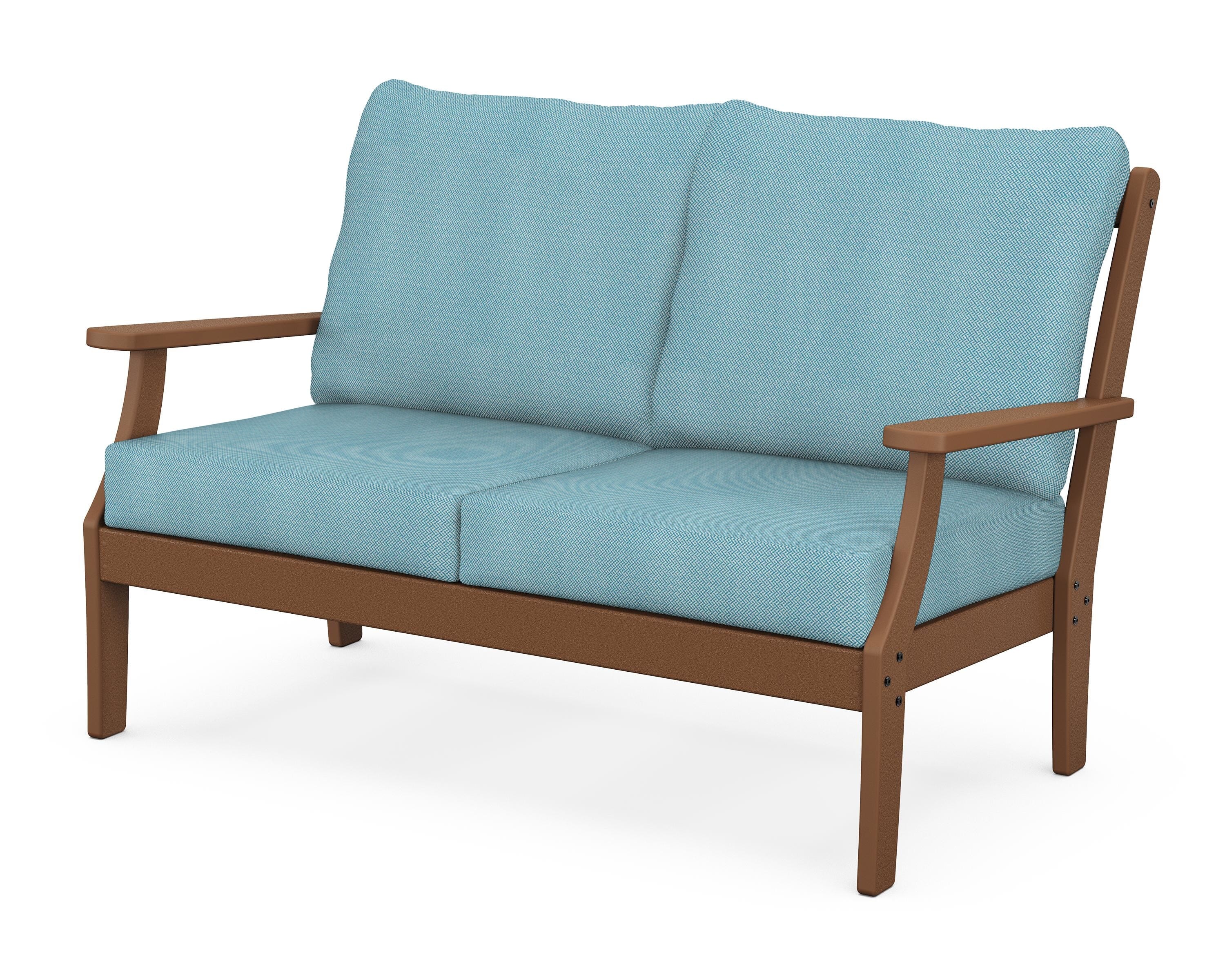 POLYWOOD® Braxton Deep Seating Loveseat in Teak / Lattice Sky Blue