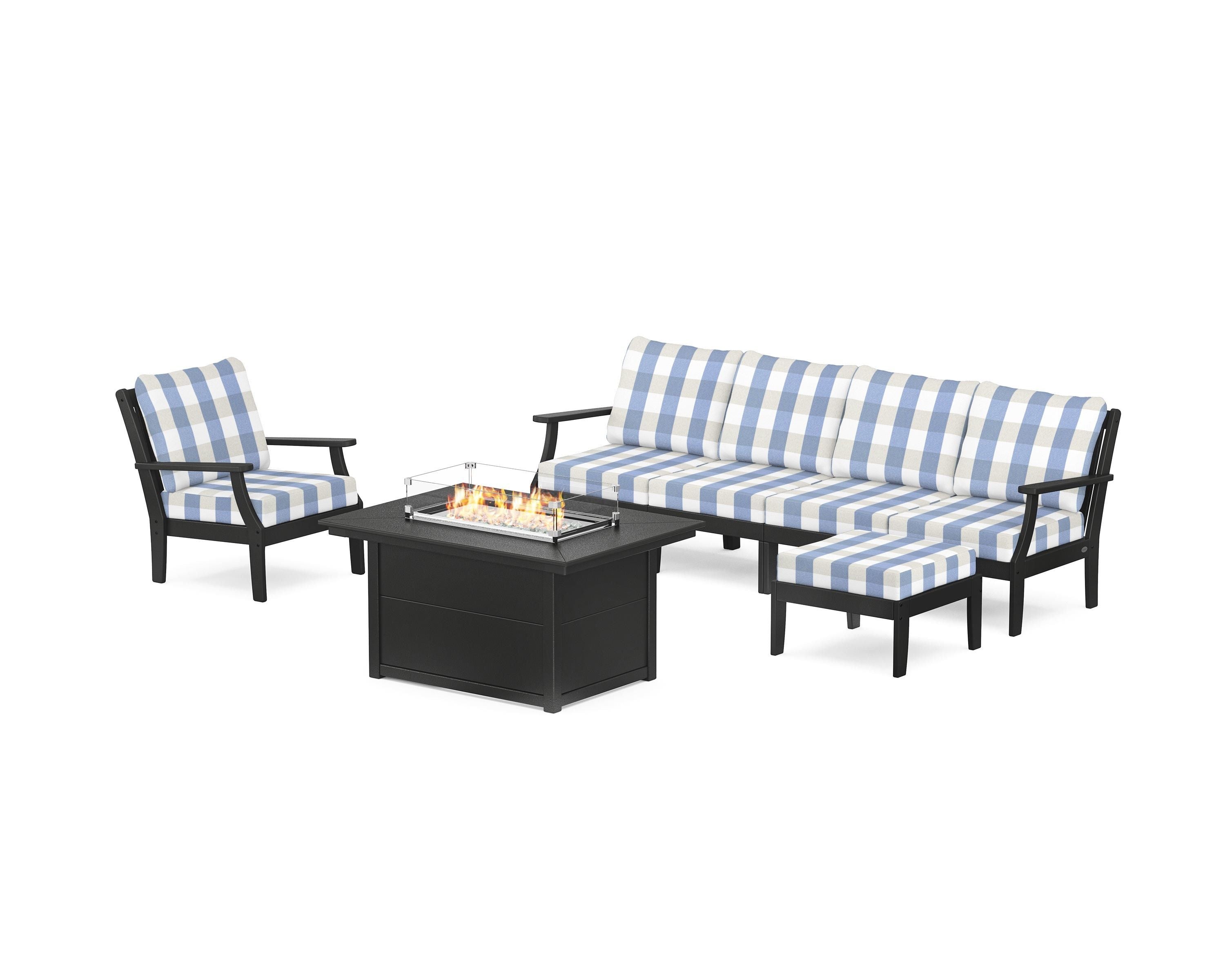 POLYWOOD® Braxton Sectional Lounge and Fire Pit Set in Black / Buffalo Plaid Sky Blue