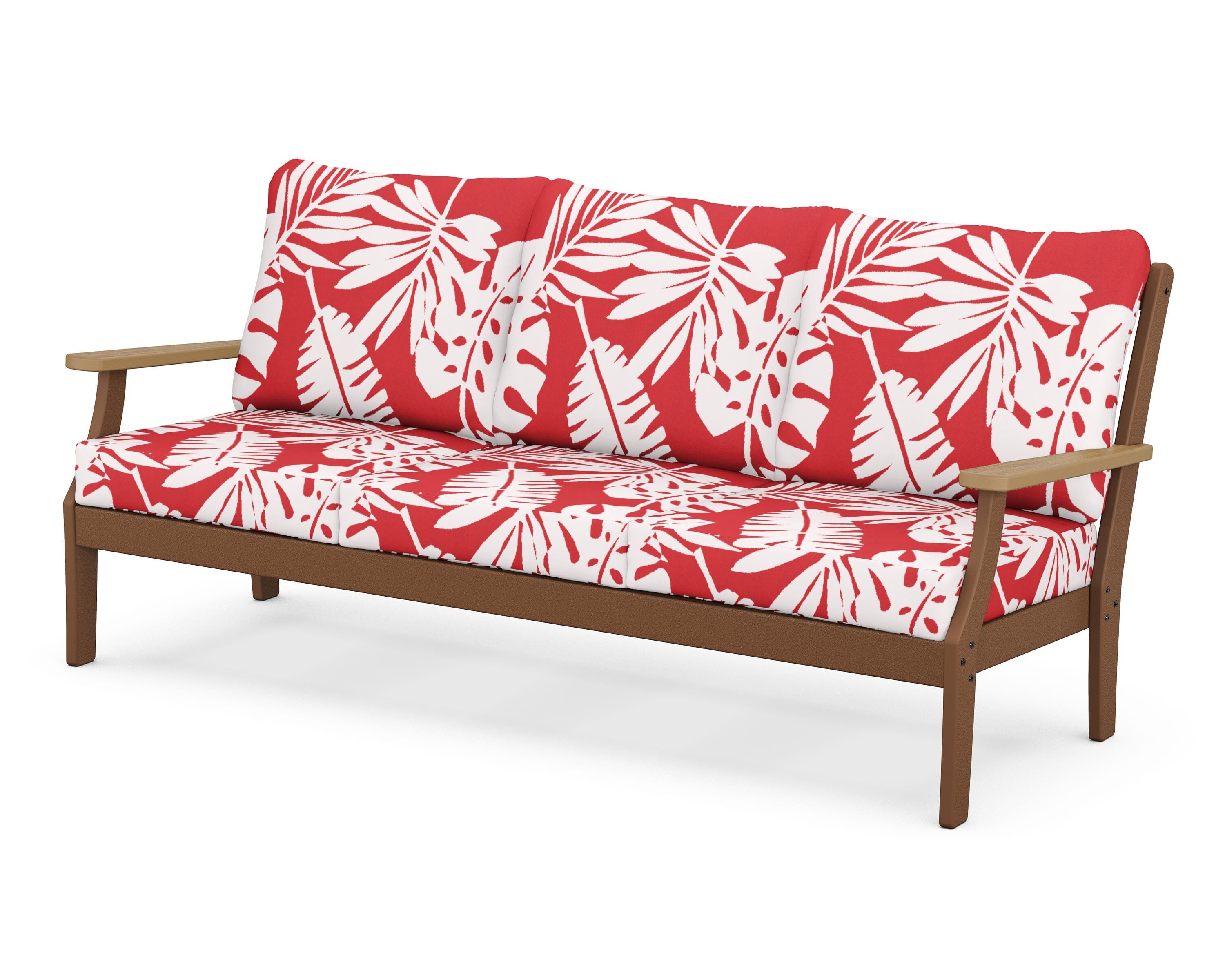 POLYWOOD® Braxton Deep Seating Sofa in Teak / Natural / Leaf Crimson